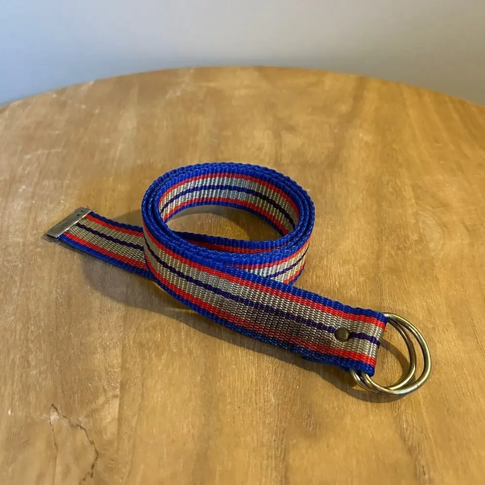 Vintage Kids Striped Blue/Red/Tan/Purple Woven Canvas D-Ring Buckle Belt 33x1